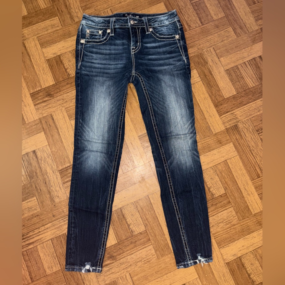 Miss Me Blue Skinny Jeans with Contrast Stitching and Distressed Details